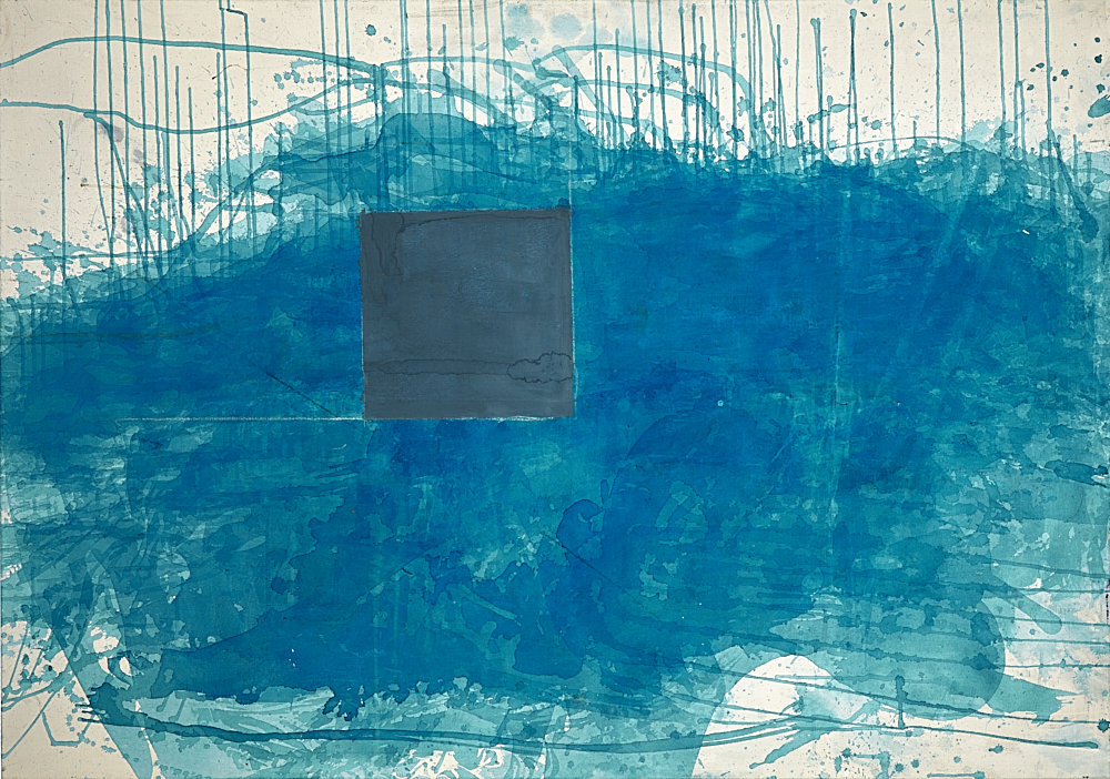 Gottfried Tritten -Ohne Titel (Blaue Landschaft mit Quadrat, unvollendet)- ca. 2000